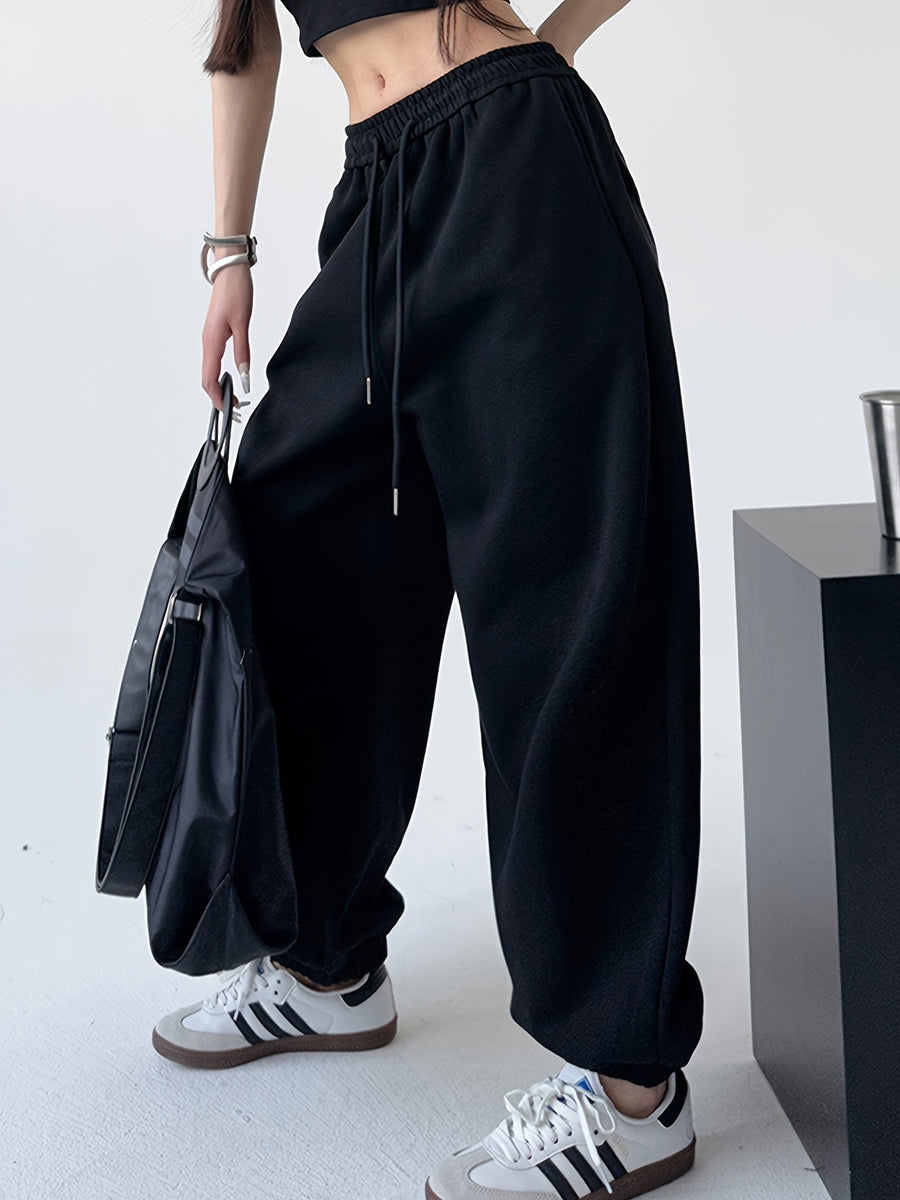 Solid Color Loose Ankle-Cinching Casual Trousers with Fake Pocket Flap - Black
