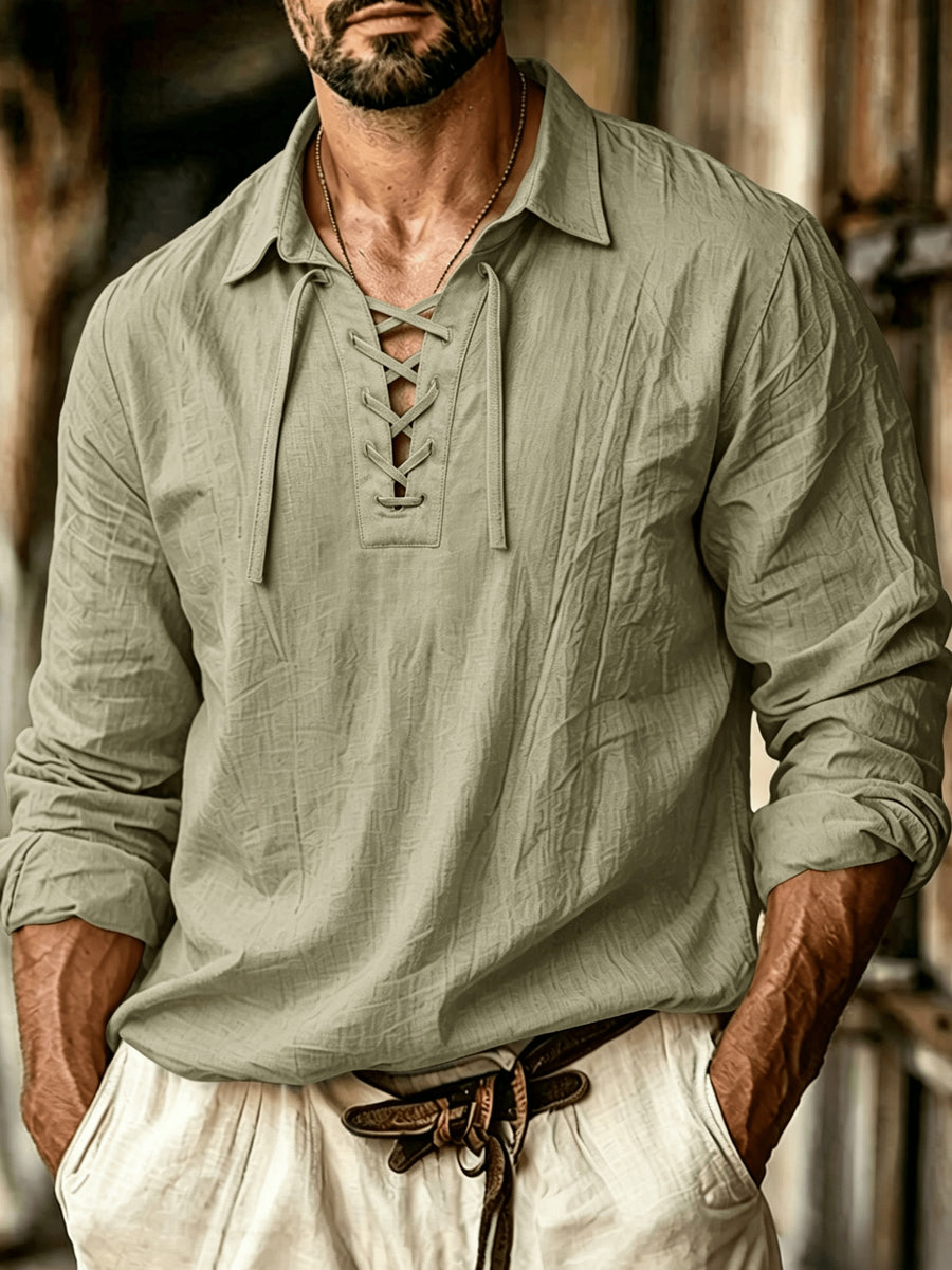 Men's Vintage Lace-Up Lapel Long-Sleeve Linen Shirt Casual Pullover Textured Shirt - Military Green