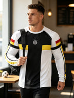 [Print Design - Not Textured] Men'S Vertical Block Color-Block Long Sleeve Soccer Jersey, Black White Yellow Red Arm Stripes Round Neck Top, New York Five-Star Rings Letter Print, Football Field Sports Training Autumn Casual Long Sleeve T-Shirt - Mixed colors