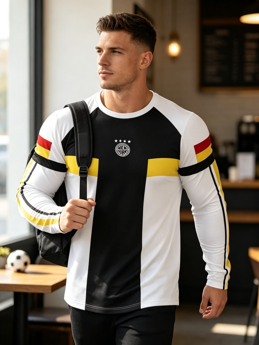 [Print Design - Not Textured] Men'S Vertical Block Color-Block Long Sleeve Soccer Jersey, Black White Yellow Red Arm Stripes Round Neck Top, New York Five-Star Rings Letter Print, Football Field Sports Training Autumn Casual Long Sleeve T-Shirt - Mixed colors