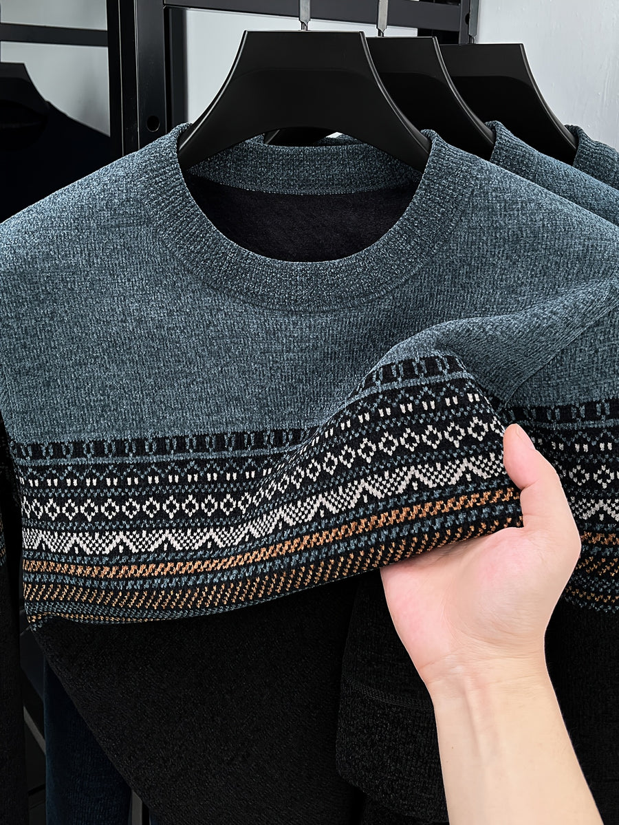 Men's Crew Neck Jacquard Knit Sweater, Autumn/Winter Mid-Life Warm Base Layer Top - Black