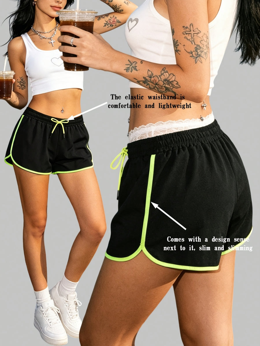 Women'S Summer New Eye-Catching Edge-Trimmed Elastic Quick-Dry Casual Shorts, Loose Body-Covering Non-Picky Size Drawstring Waistband Comfortable All-Match Home Wear Outdoor Wear Short Shorts Suitable for Daily Wear, Fitness, Outdoor - Fluorescent Green