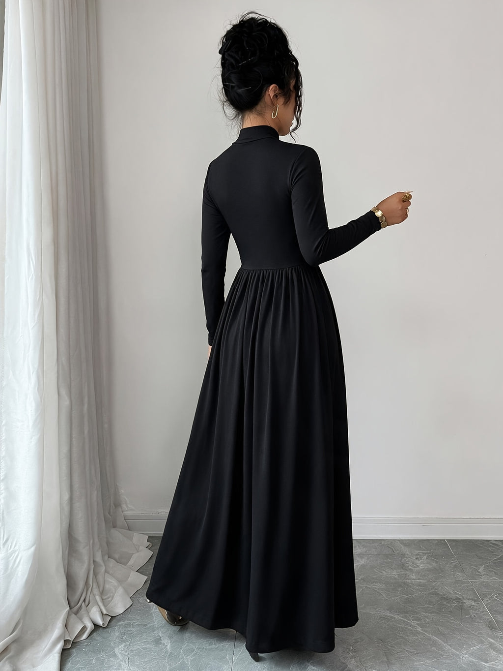 Women'S Elegant Semi-High Neck Pearl Heavy Craft A-Line Loose Lightweight Evening Dress - Black