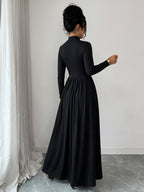 Women'S Elegant Semi-High Neck Pearl Heavy Craft A-Line Loose Lightweight Evening Dress - Black