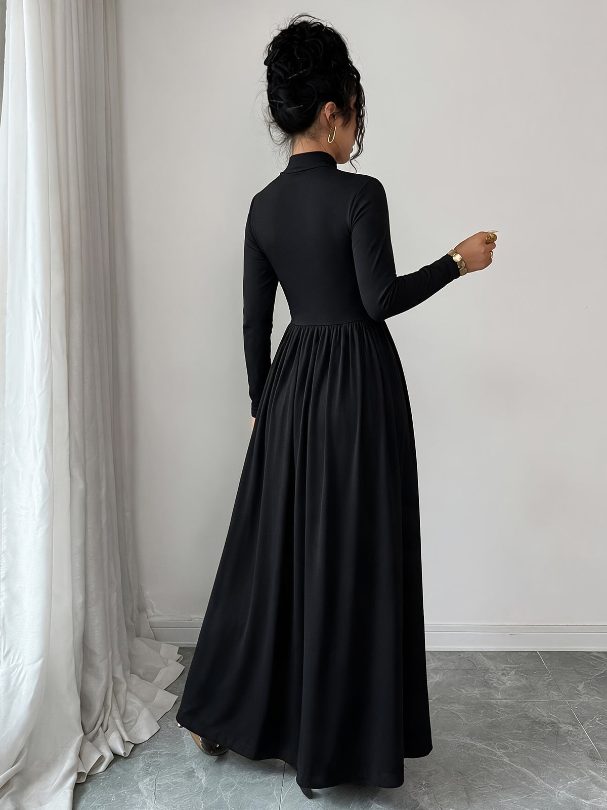 Women'S Elegant Semi-High Neck Pearl Heavy Craft A-Line Loose Lightweight Evening Dress - Black