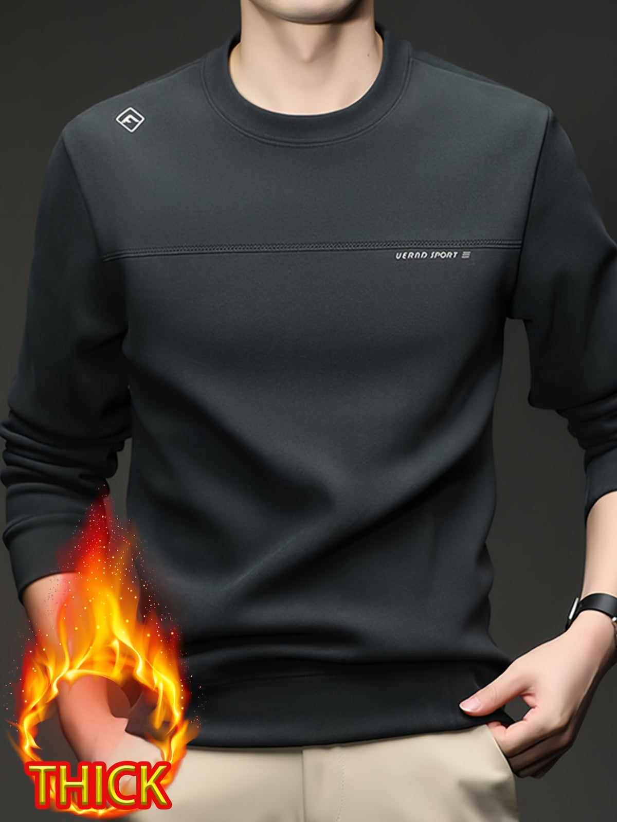 Men's Crew Neck Thickened Sweatshirt, Pullover Long Sleeve Sweatshirt, for Standalone Wear or Layering in Autumn/Winter, Ribbed Cuffs and Hem - SINBOS - Ash