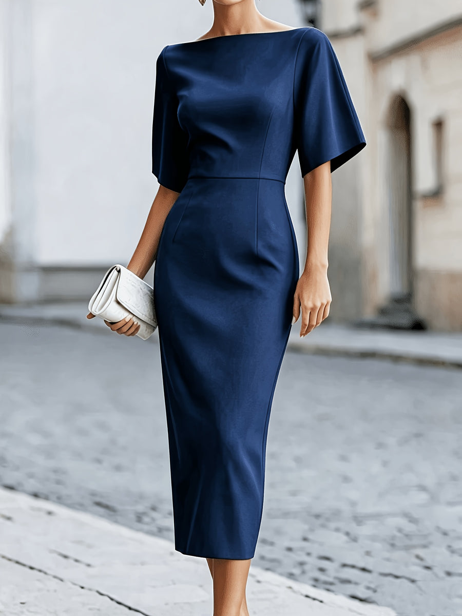 ST26037 Elegant Temperament Waist Mid-Length Dress for Women - Navy Color