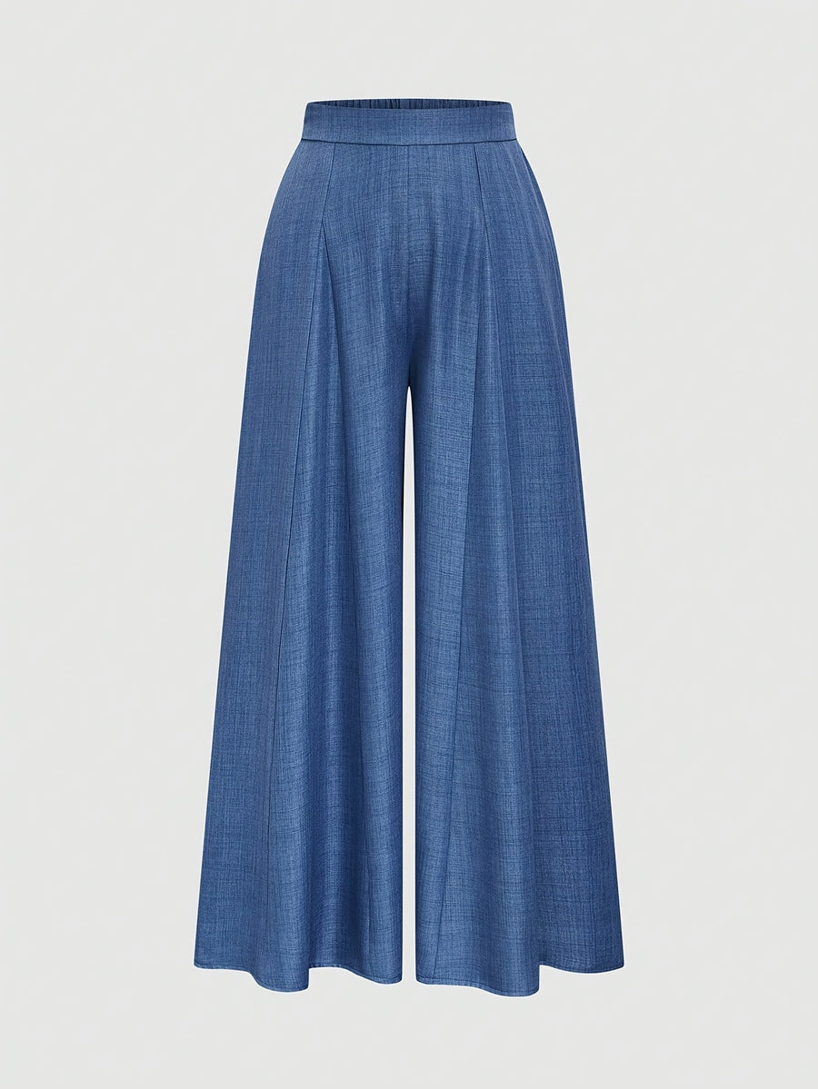 High-Waist Wide-Leg Pants, Women'S Summer Flared Skirt Design, Slim Elegant Commute Casual Trousers - Blue