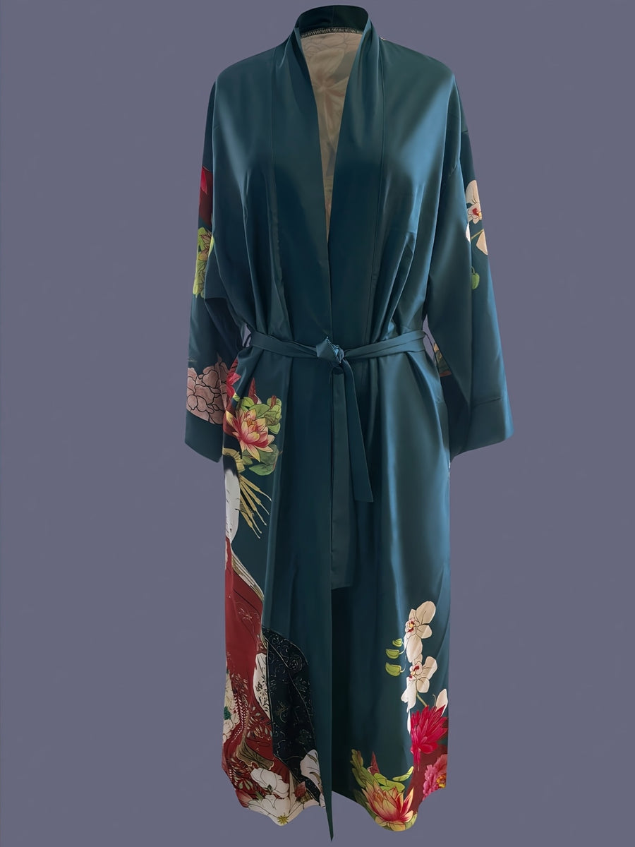 Japanese Printed Mid-Length 3/4 Sleeve Kimono Cardigan Thin Jacket Women'S Western Elegant Ethnic Style Street Casual Cover-Up Outerwear Beach Travel Vacation Cape Japanese Style Thin Cloak Jacket Home Yukata Belt Bathrobe Cover-Up - Dark Green