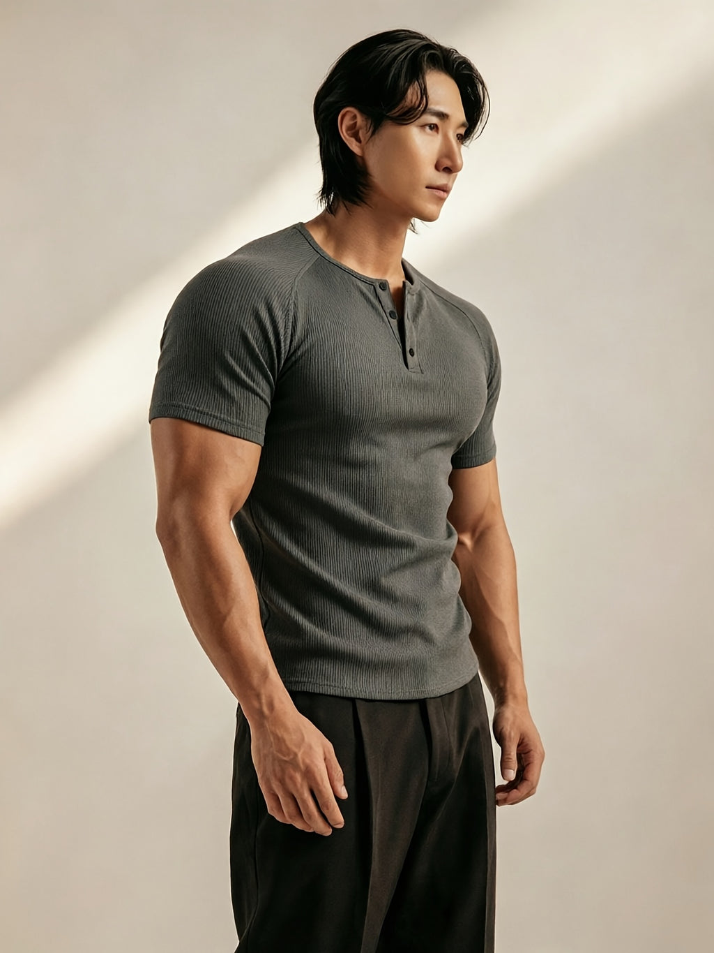 Men's Vertical Ribbed Pin Stripe Henley Neck Short Sleeve T-Shirt, Slim Fit Muscle-Defining Shaping Top, Stretchy Breathable Ribbed Raglan Sleeve Knitwear, Versatile Henley Shirt for Fitness, Commuting, and Daily Wear - Dark Gray