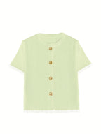 Women's Summer Button Ear Design Edge Design, Top, Elegant Casual Top Casual Short Sleeve, Suitable for Dating Daily Wear - Green