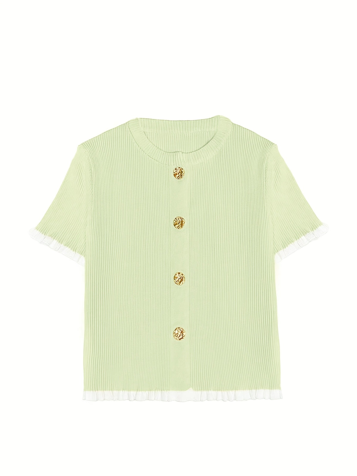 Women's Summer Button Ear Design Edge Design, Top, Elegant Casual Top Casual Short Sleeve, Suitable for Dating Daily Wear - Green
