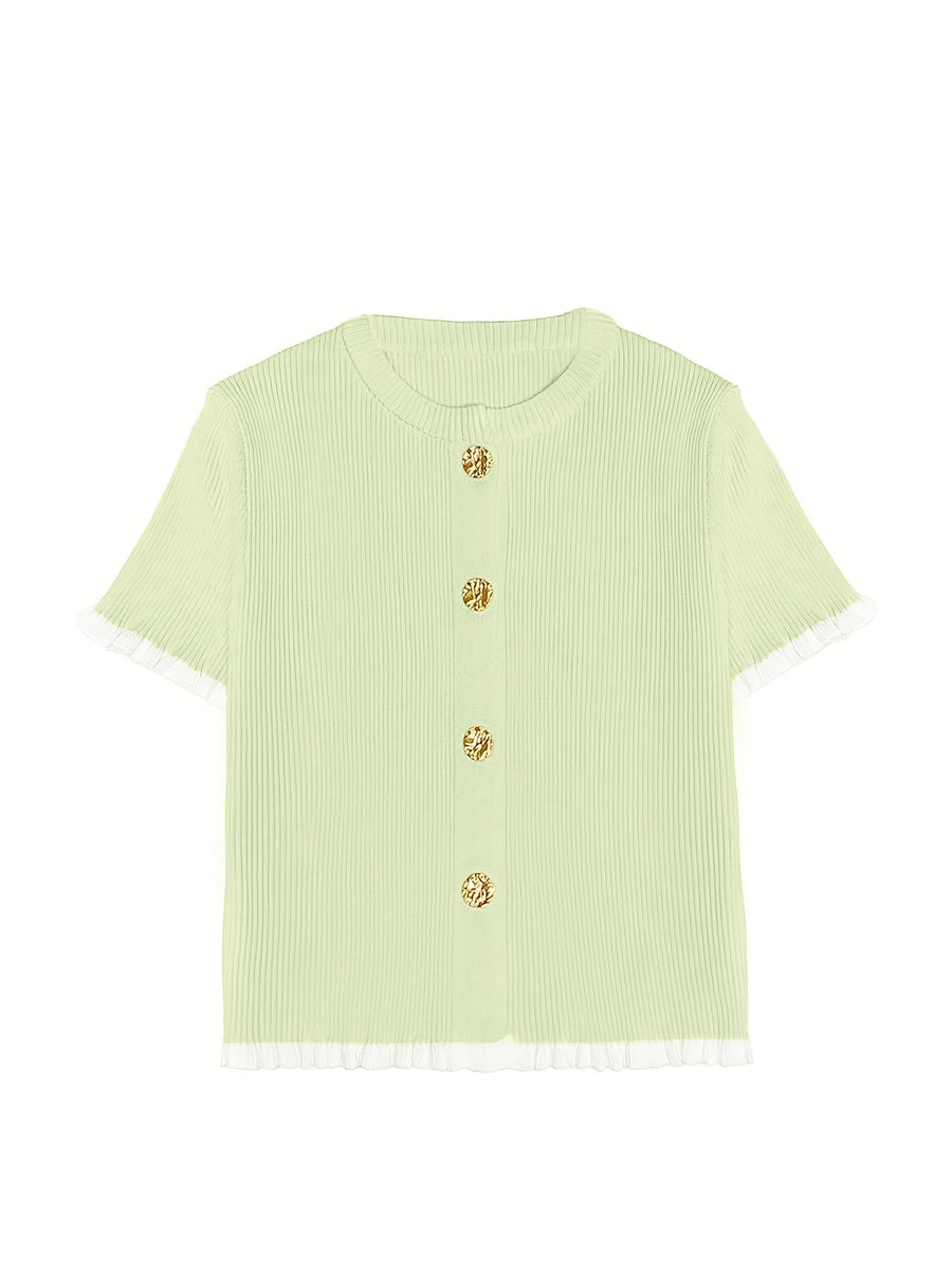 Women's Summer Button Ear Design Edge Design, Top, Elegant Casual Top Casual Short Sleeve, Suitable for Dating Daily Wear - Green