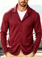 Men's New Spring, Autumn, and Winter Waffle Knit Heavyweight Single-Breasted Open Front Cardigan with Lapel Collar and Double Pockets, a Versatile Long-sleeve Business Casual Jacket. Soft, Comfortable, and Stylish Solid-color Knit Outerwear - Red+Black