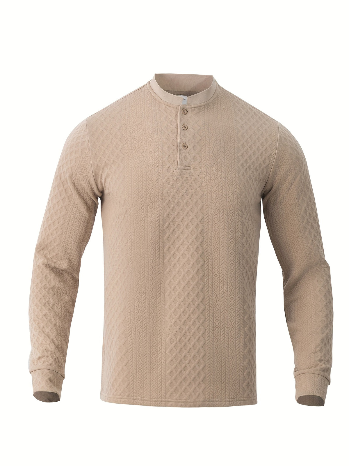 1 Men's Fashion Casual Long-Sleeve Thick Knit Sweater | High-End Solid Jacquard Soft Fabric | Small Stand-Up Collar with Three-Button Design | Essential Casual Streetwear for Outdoor Warmth | Breathable and Warm | for Indoor Gatherings and Outdoor - Khaki