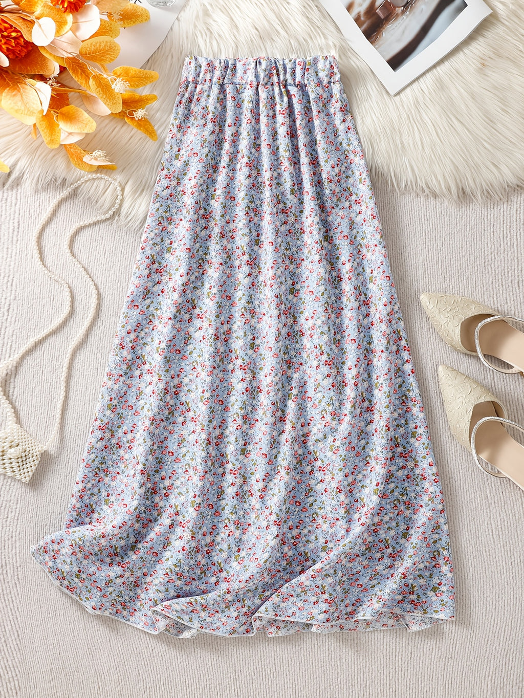 Women's High Waist Floral Maxi Skirt, A-Line Flowy Resort Skirt, French Style Elegant Dress for Spring Summer Fall - Light Blue
