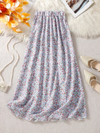 Women's High Waist Floral Maxi Skirt, A-Line Flowy Resort Skirt, French Style Elegant Dress for Spring Summer Fall - Light Blue