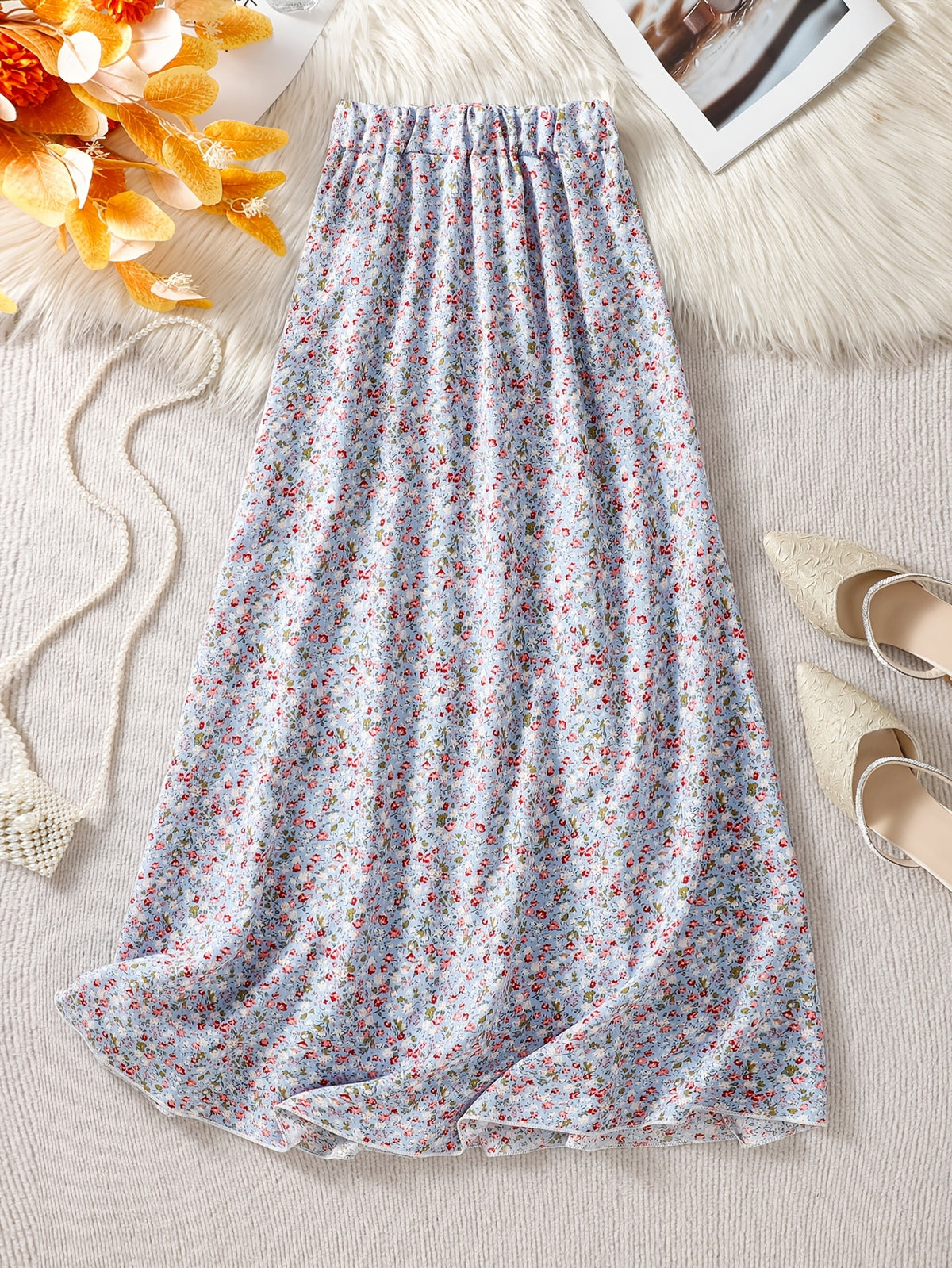 Women's High Waist Floral Maxi Skirt, A-Line Flowy Resort Skirt, French Style Elegant Dress for Spring Summer Fall - Light Blue