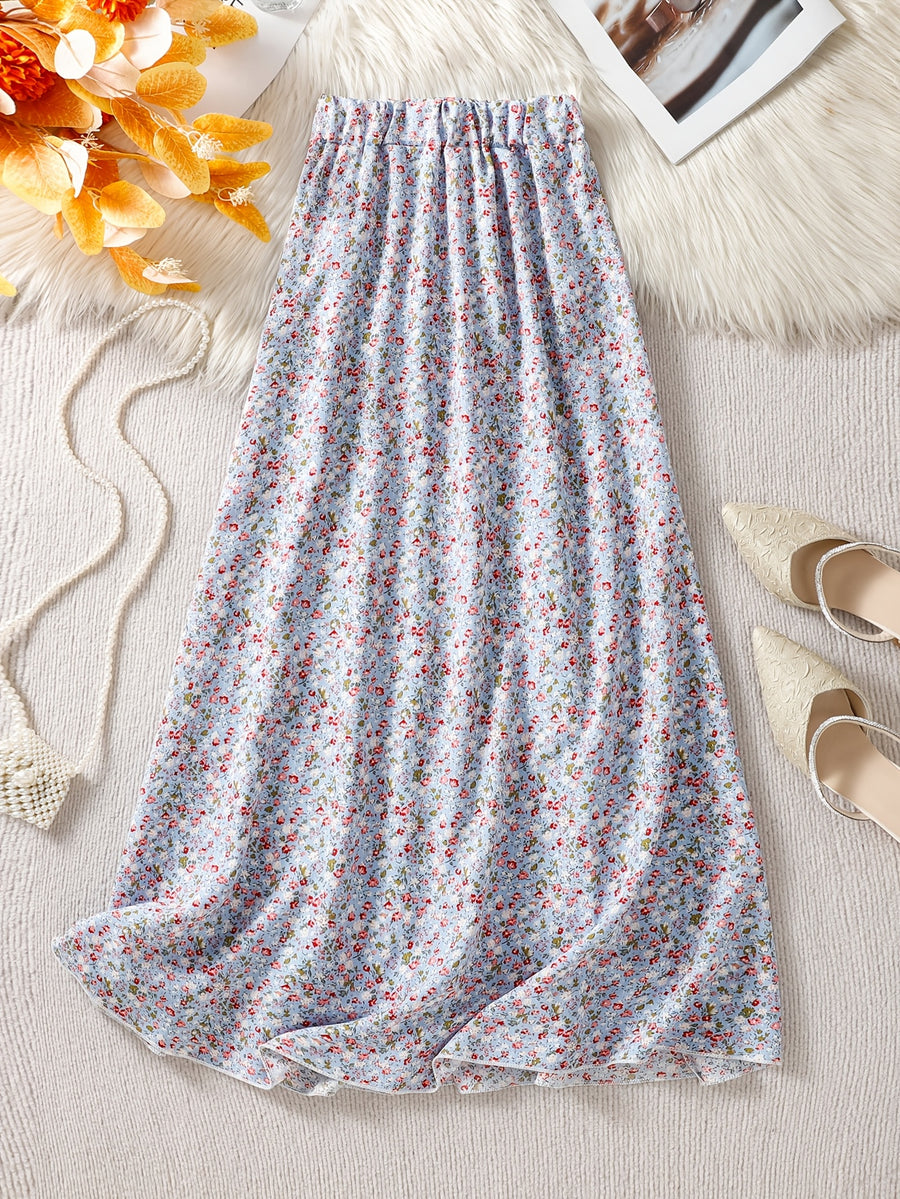 Women's High Waist Floral Maxi Skirt, A-Line Flowy Resort Skirt, French Style Elegant Dress for Spring Summer Fall - Light Blue