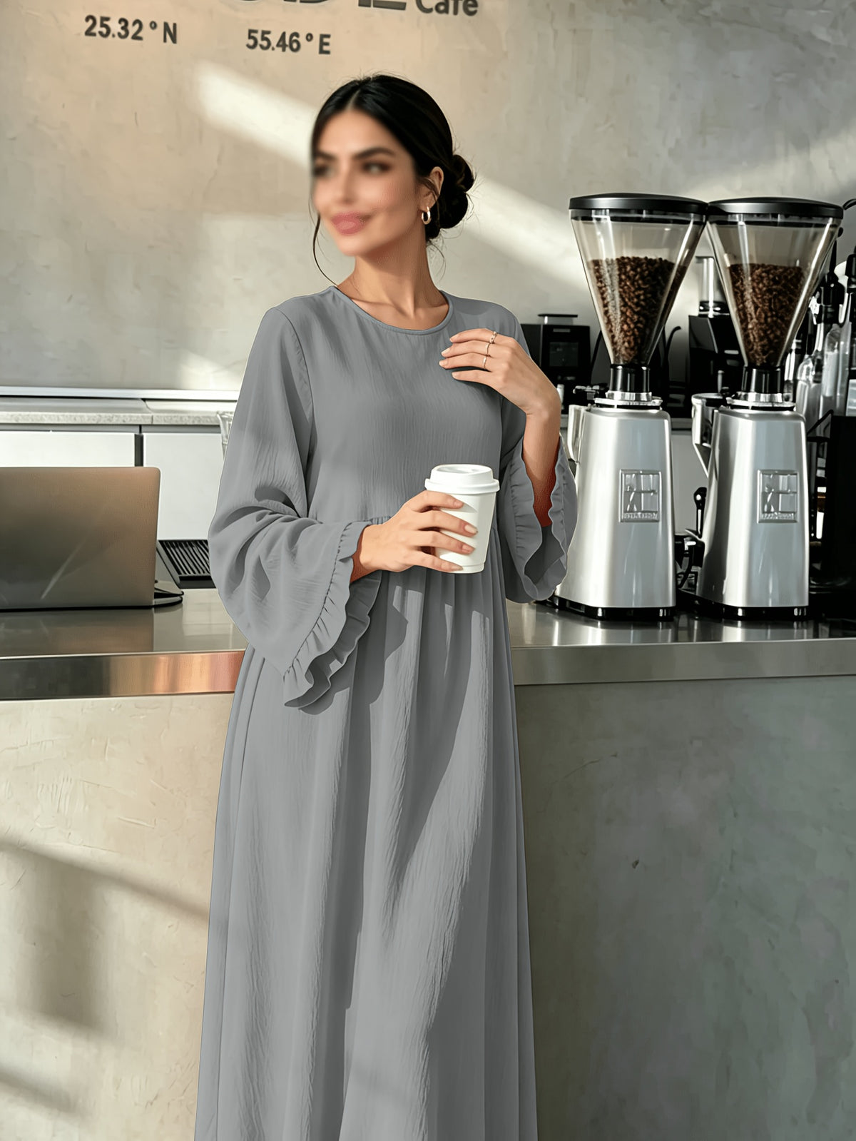 Round Neck Long Dress with Ruffled Flared Wide Sleeves, Soft Lightweight Breathable Fabric Loose Swing Style Dress for Women Daily Home And Outdoor Casual Matching - Dark Gray