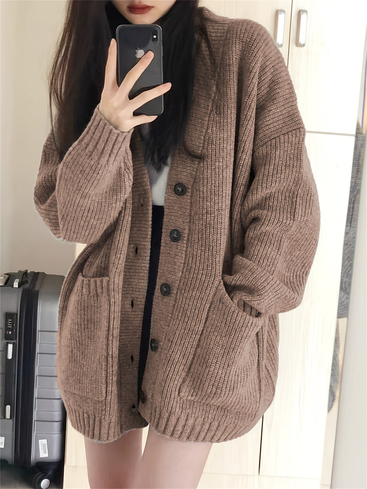 Casual V-Neck Single-Breasted Sweater Coat for Women with Double Pockets, Autumn and Winter Cardigan - Khaki