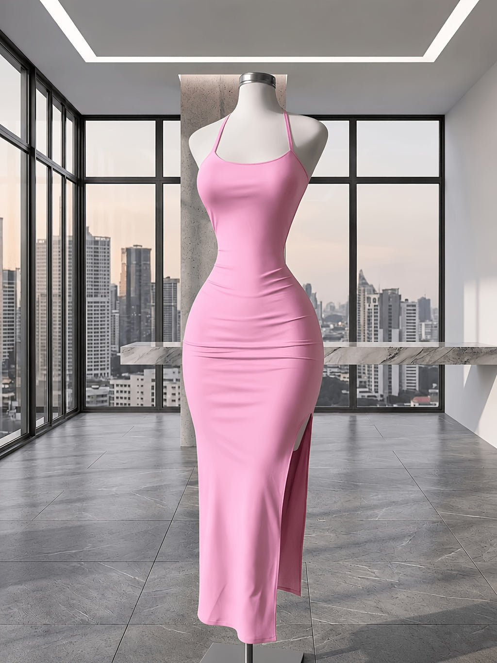 Y2K Women'S Elegant Versatile Solid Color Cami Backless Long Dress, Back Ruched Fitted Bodycon Dress, Suitable for Socialite Temperament Evening Parties - Pink