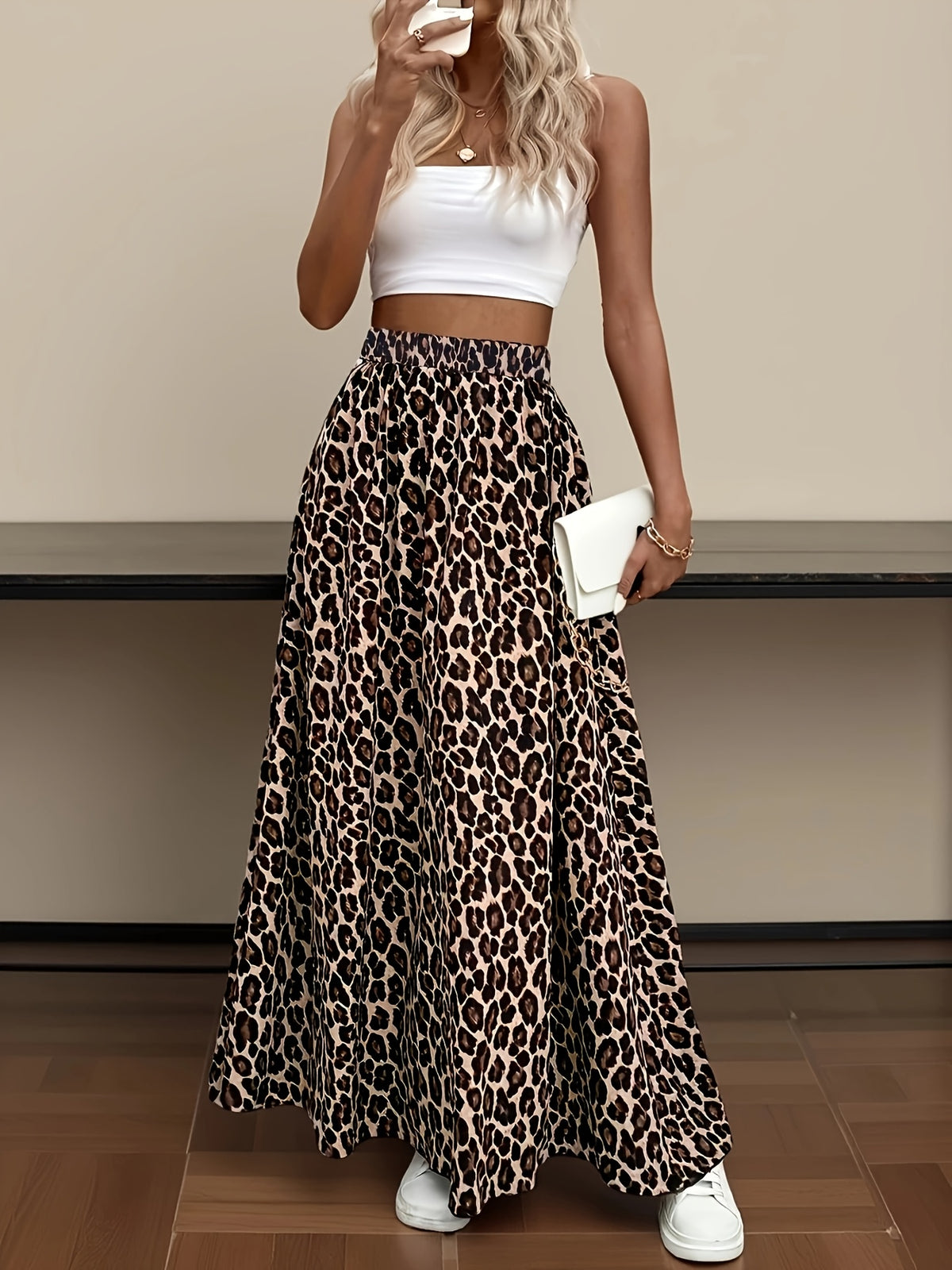 Elegant Leopard Print High-Waisted Maxi Dress for Women - Flowy Summer Casual Vacation Style, Machine Washable Polyester, Brown Print Design - Coffee Brown