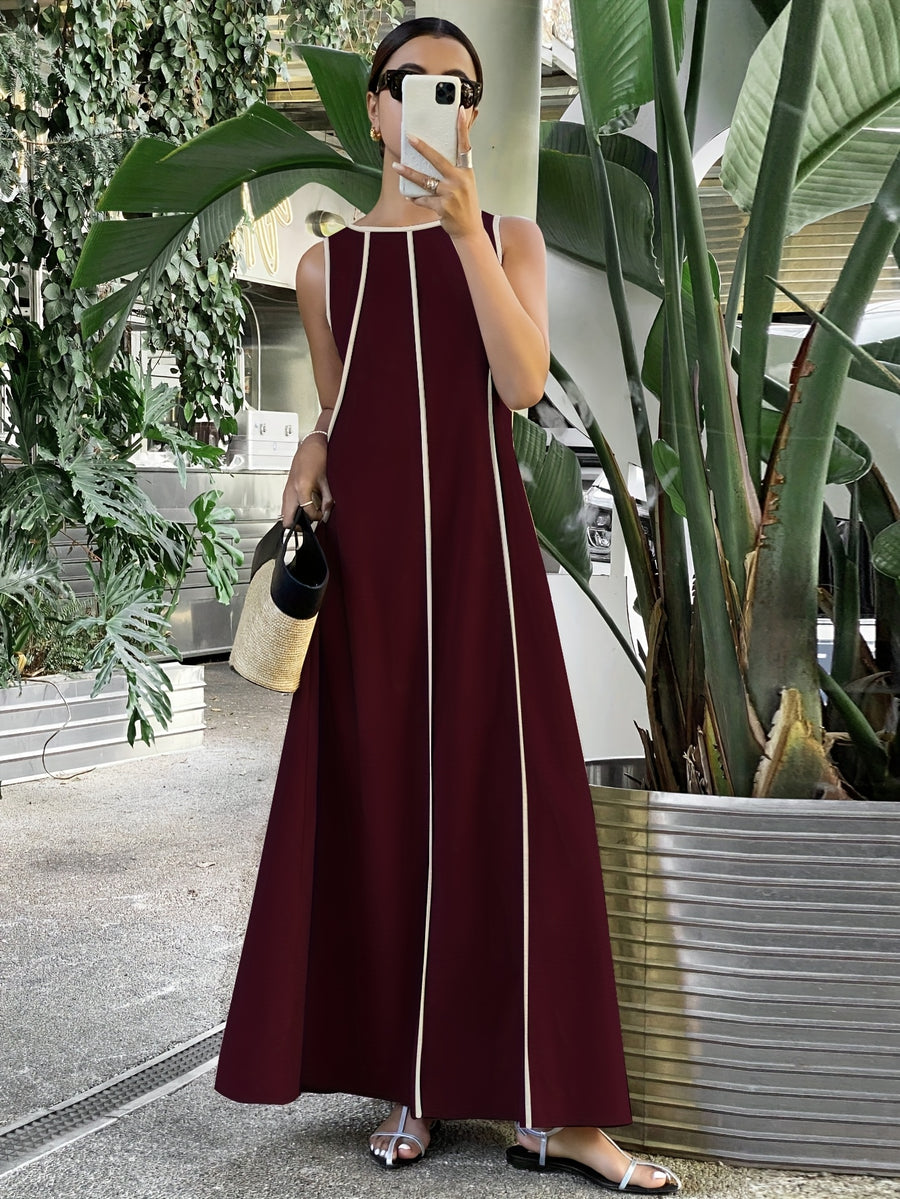 [Size for Regular Fit] Women's Simple Vacation Loose-Fit Comfortable Color-Block Contrast Trim Long Tank Dress - Deep Red