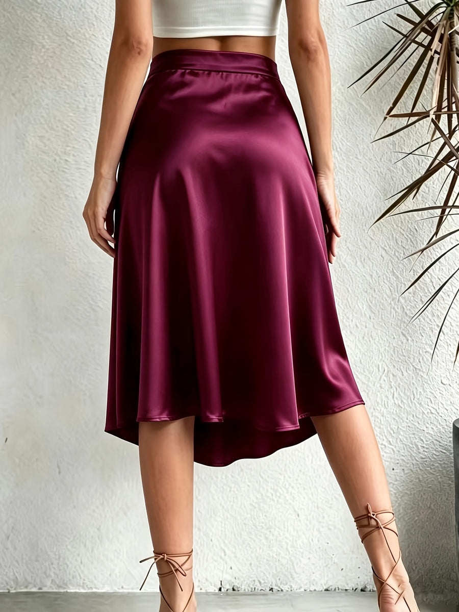 Light Luxury Satin A-Line Skirt with High Slit, Date And Commute Versatile Skirt - Burgundy