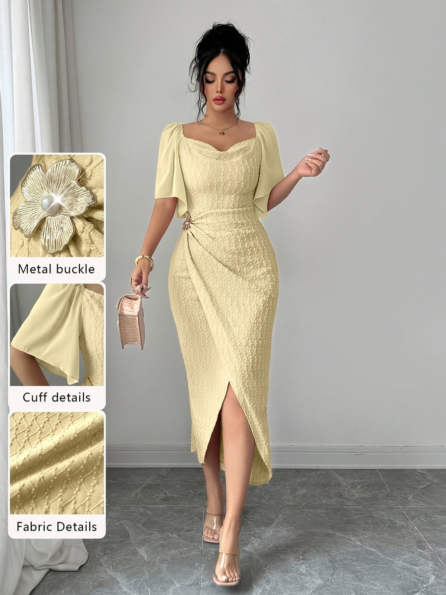 Elegant French-Style Gentle Fit Bodycon Dress with Metal Buckle Accent Pleats, Figure-Flattering Temperament Long Dress for Daily Commute, Dates, and Dinner Parties, Women's Clothing - 【Light Yellow】