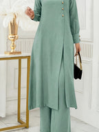 Ramadan, Women's Front-Button Long Sleeve Slit Dress & Pants Casual Arabic Style 2pcs Set, Only Clothes, Without Headscarf - Polychrome