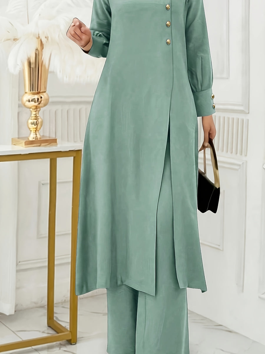 Ramadan, Women's Front-Button Long Sleeve Slit Dress & Pants Casual Arabic Style 2pcs Set, Only Clothes, Without Headscarf - Polychrome