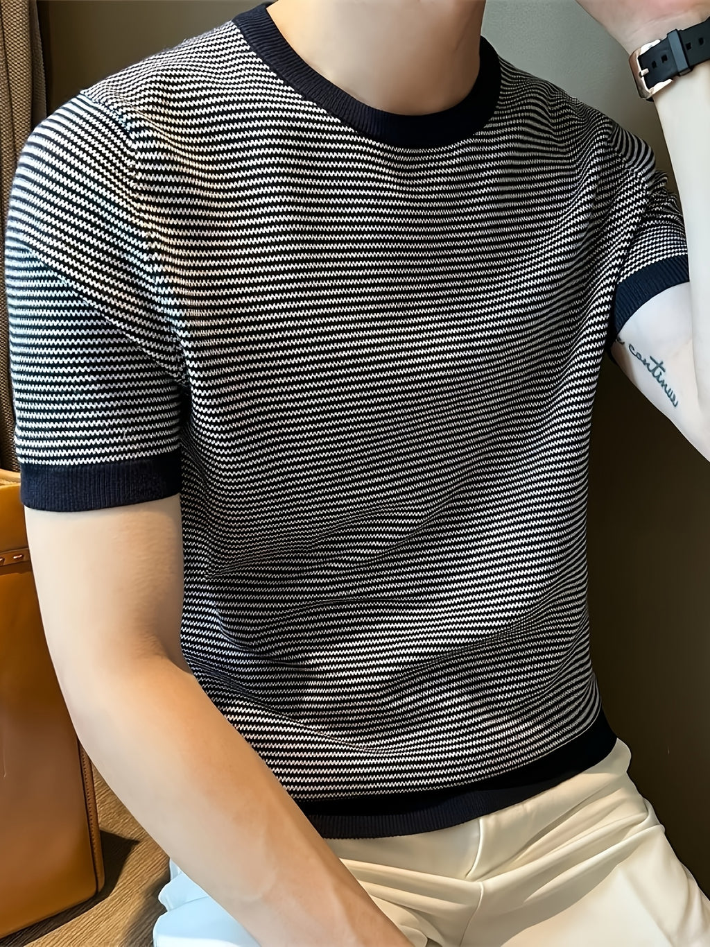 Printed Design Not Textured/Embroidered/Sequins Not JEAN This Is The Printed Men'S Short Sleeve T-Shirt, Casual Business Sport, Round Neck Striped Contrast Summer Short Sleeve Pullover, Comfortable Daily - Mixed colors