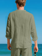 2026 Cross-border American Loose Fit Linen Henley Shirt, All Season Solid Color Breathable Stand Collar Long Sleeve T Shirts for Men Casual Daily Tops - Military Green