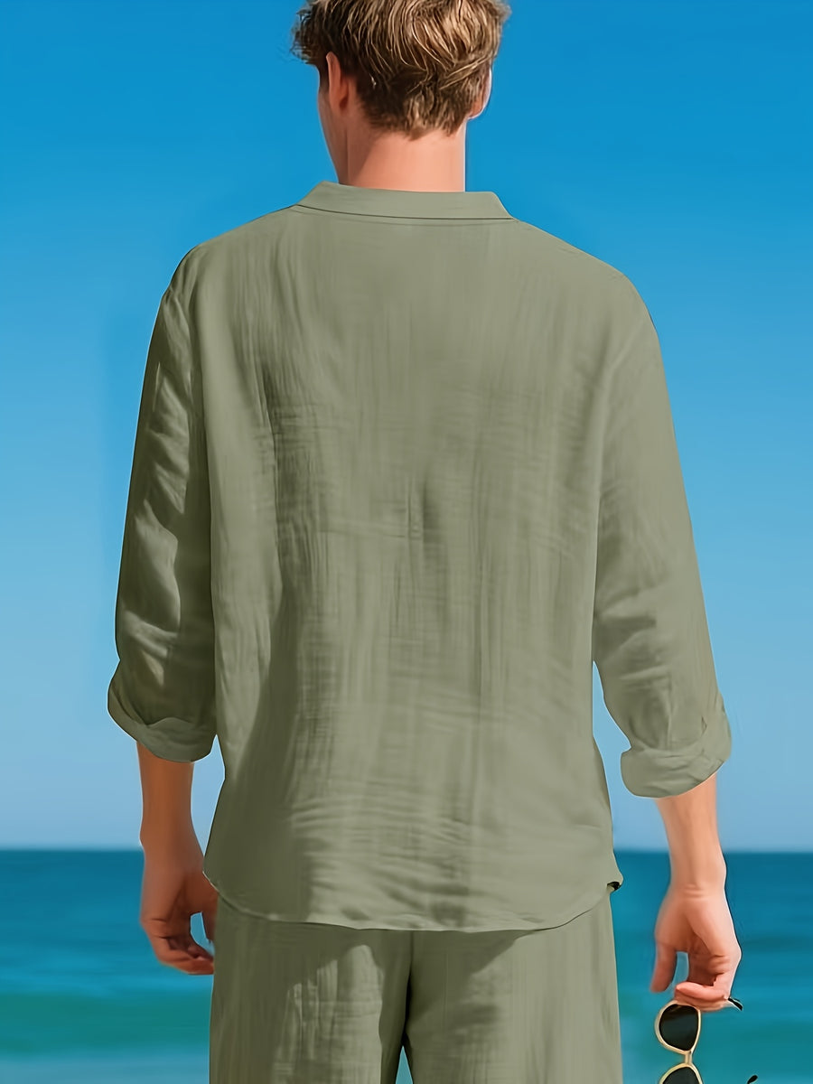 2026 Cross-border American Loose Fit Linen Henley Shirt, All Season Solid Color Breathable Stand Collar Long Sleeve T Shirts for Men Casual Daily Tops - Military Green