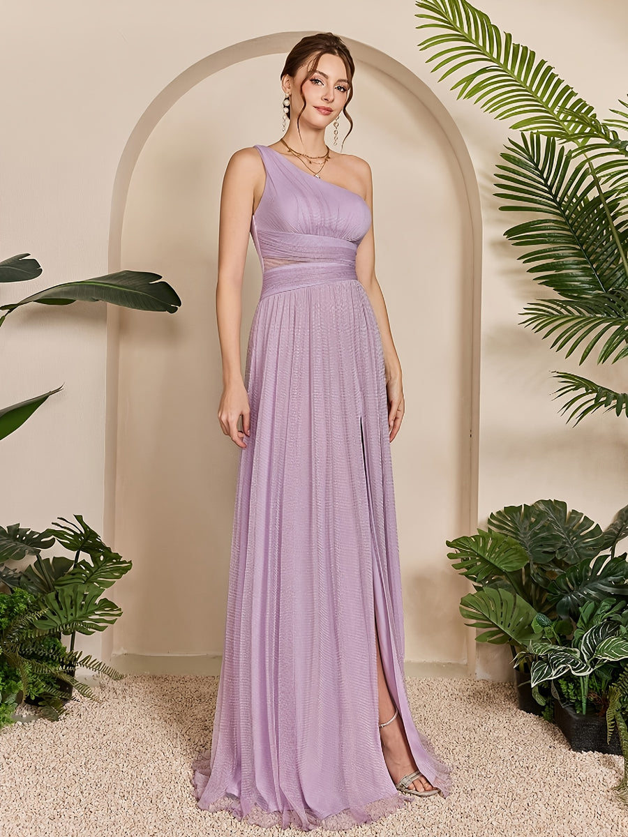 Elegant Directional Pleated Slit Evening Gown, Women'S Evening Dress, Party Dress, Graceful Dress, Unique Design, Exquisite Fabric, Long Dress, Formal Wear, Women'S Fashion - Light Purple