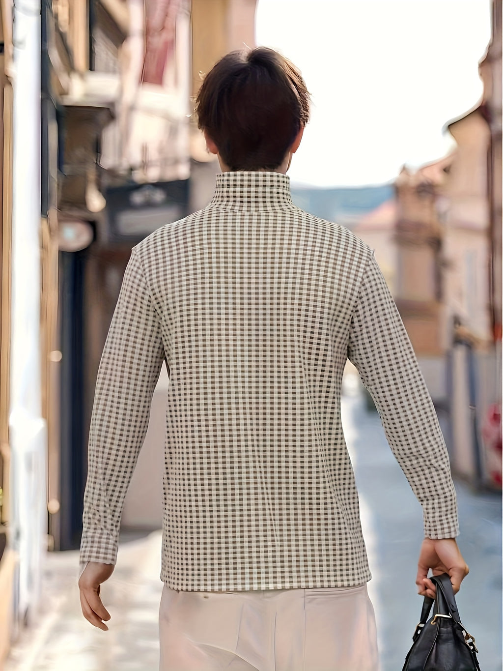 Nordic Vintage High-Neck Plaid Long-Sleeve T-Shirt for Men, Thickened for Autumn And, Soft And Warm, with a Luxurious Feel, Perfect As a Base Layer for Trendy Couples And Youth - Dark And Light Khaki Grid