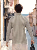 Nordic Vintage High-Neck Plaid Long-Sleeve T-Shirt for Men, Thickened for Autumn And, Soft And Warm, with a Luxurious Feel, Perfect As a Base Layer for Trendy Couples And Youth - Dark And Light Khaki Grid