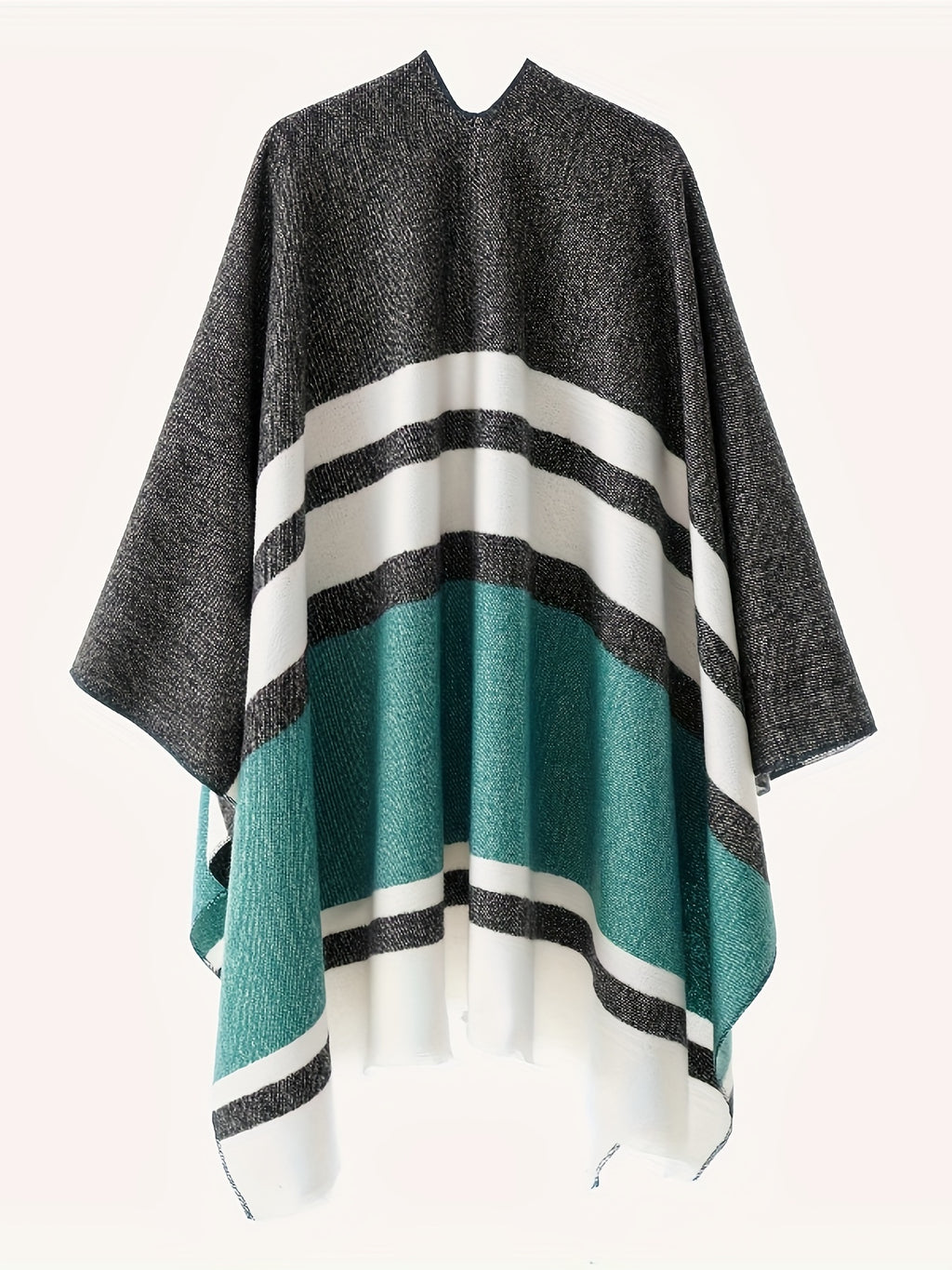 Women's Fashion Classic Striped Color Block Pattern Autumn and Winter Windproof Buttoned Travel Wrap Coat - Green