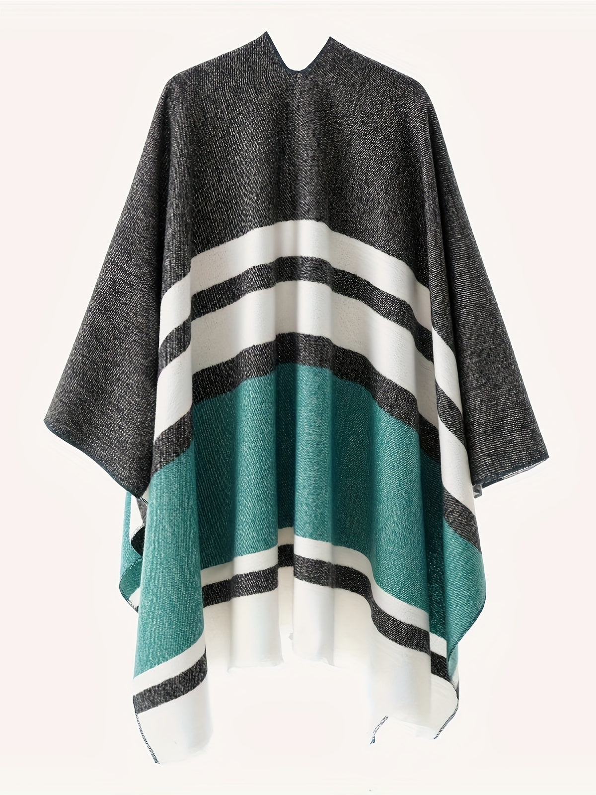 Women's Fashion Classic Striped Color Block Pattern Autumn and Winter Windproof Buttoned Travel Wrap Coat - Green