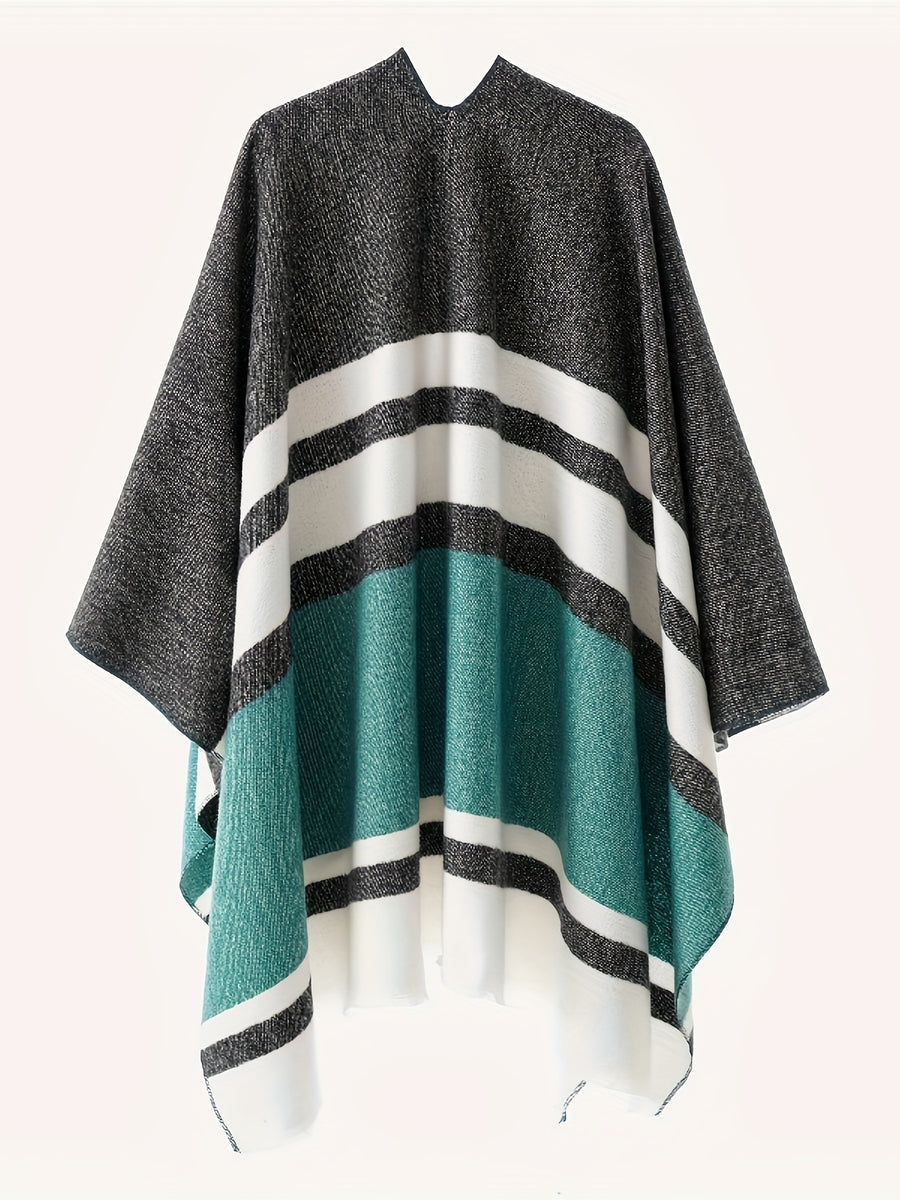 Women's Fashion Classic Striped Color Block Pattern Autumn and Winter Windproof Buttoned Travel Wrap Coat - Green