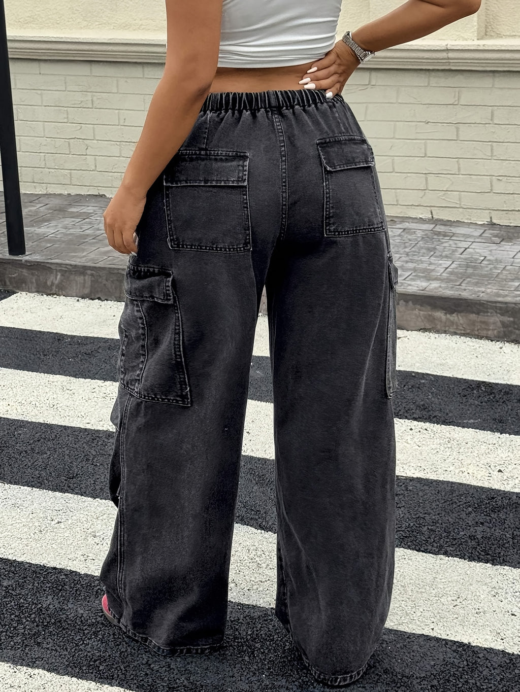 Elastic Drawstring Waist Loose Wide-Leg Jeans - Black