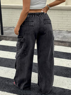 Elastic Drawstring Waist Loose Wide-Leg Jeans - Black