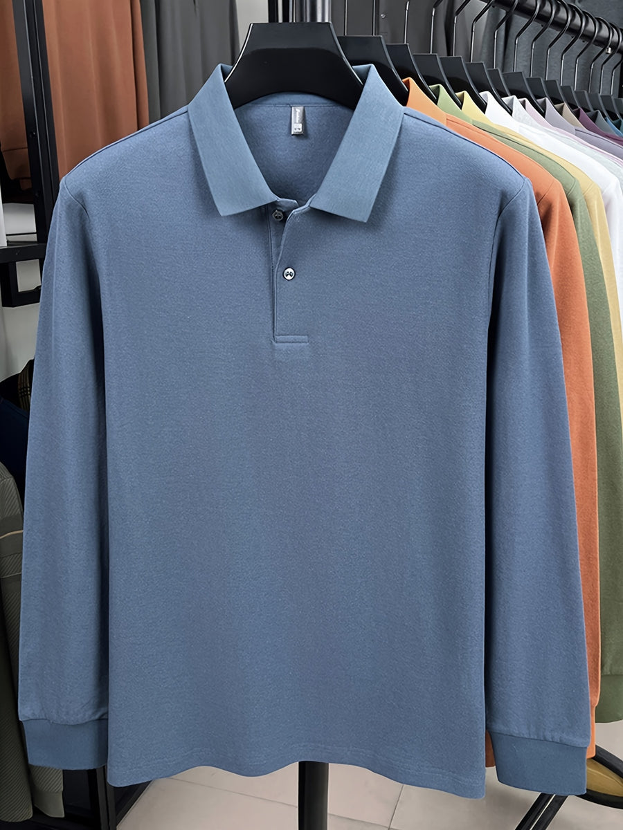 Spring and Autumn Men's Lapel Polo Shirt, Fashionable Solid Color Base Layer Top, Versatile Business Casual Long Sleeve T-Shirt, Suitable for Daily Work Scenes, The Best Gift for Friends and Relatives - Fog Blue
