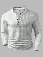 Men's Fashion Top, Autumn/Winter Outdoor Casual Jacquard Textured Fabric, Contrast Color Crew Neck Single-Breasted Long Sleeve Men's Henley Shirt - White