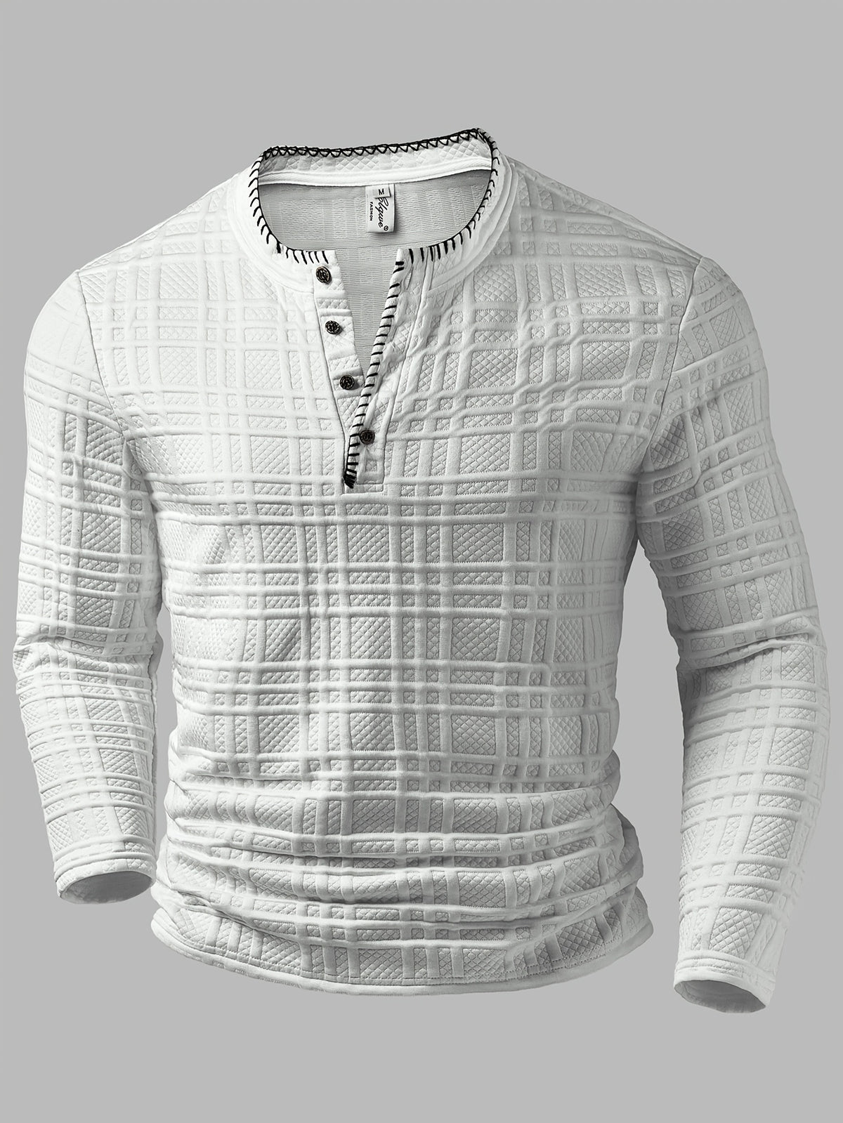 Men's Fashion Top, Autumn/Winter Outdoor Casual Jacquard Textured Fabric, Contrast Color Crew Neck Single-Breasted Long Sleeve Men's Henley Shirt - White