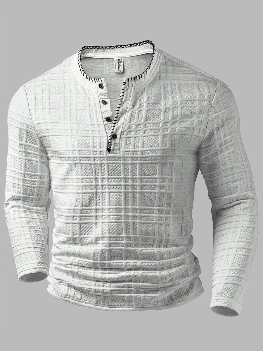 Men's Fashion Top, Autumn/Winter Outdoor Casual Jacquard Textured Fabric, Contrast Color Crew Neck Single-Breasted Long Sleeve Men's Henley Shirt - White