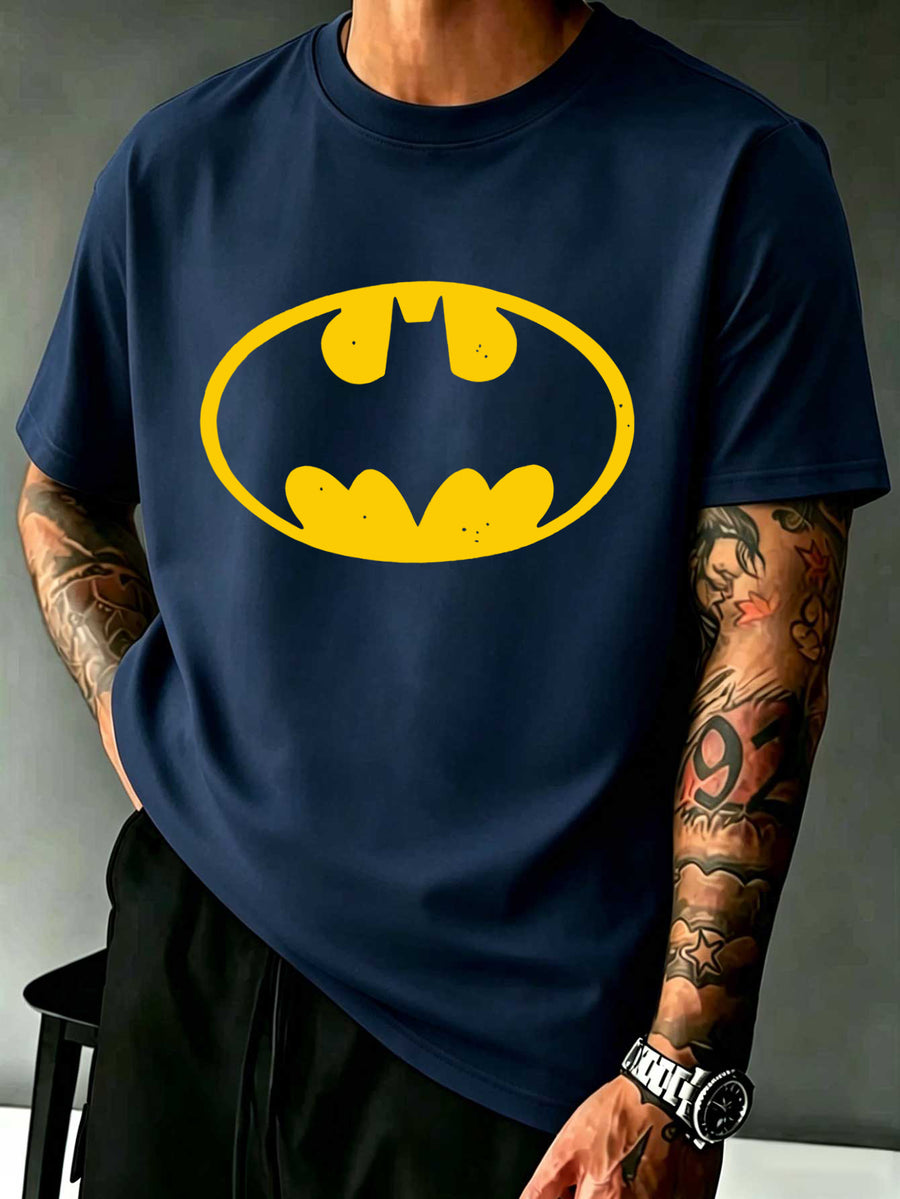 Warner Licensed DC Distressed Granular Yellow Oval Batman Batman Classic Badge Easy Print Loose Round Neck Short Sleeve T-Shirt - Navy Color