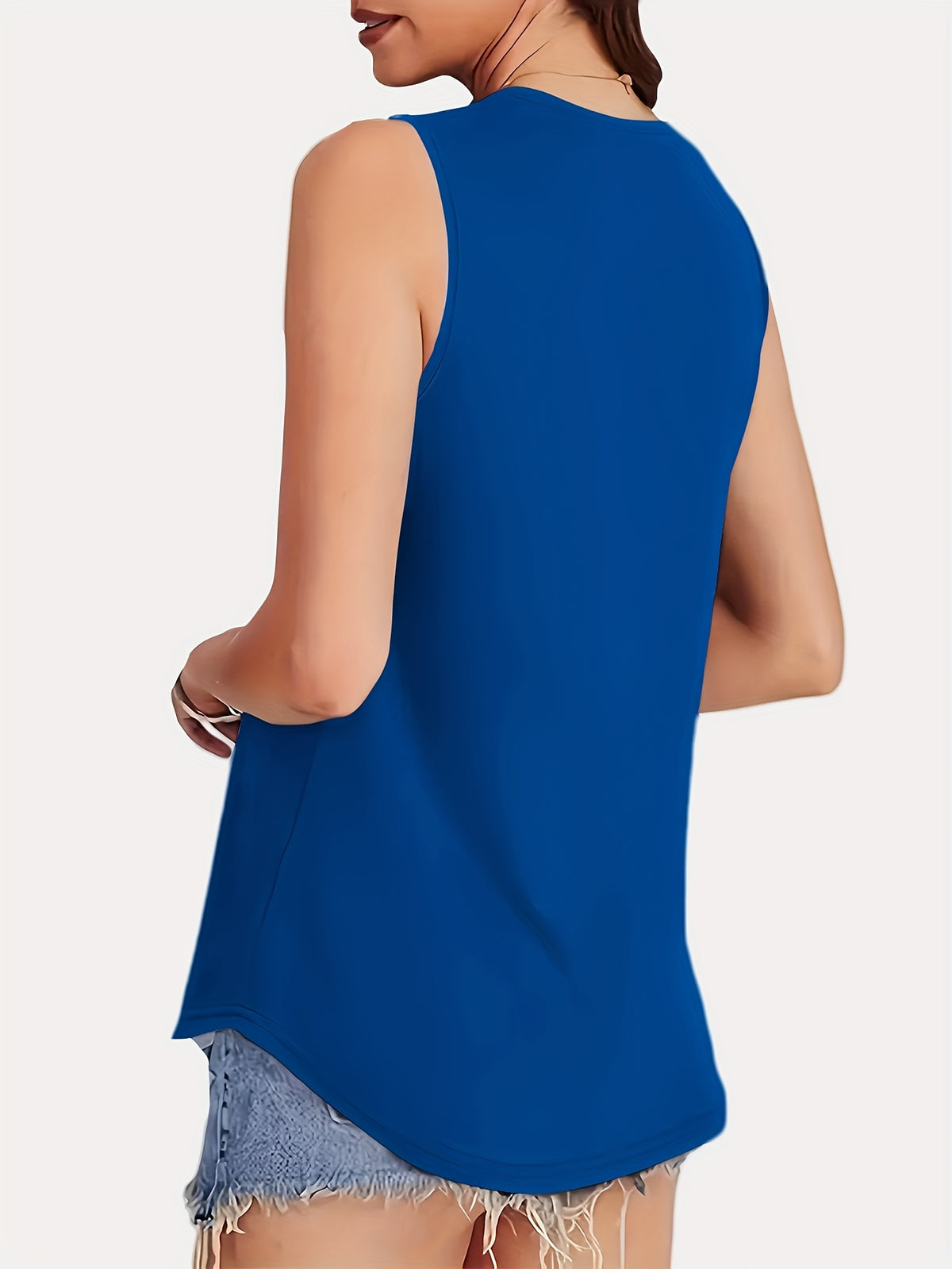 Women's Sleeveless Round Neck Tank Top - Solid White Loose Fit Blouse, Medium Stretch All-Season, Machine Washable & Versatile Casual/Elegant Wear, Layering Essential for Dresses, Jackets & Blouses (No Bulk) - Blue