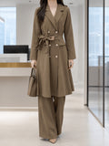 Elegant Lapel Trench Coat Dress - High Waist Belted Dress with Flared Hem & Side Slit, -Front Closure, Suitable for Commuting, Office, Weddings, Formal Events - Solid Color Professional Outerwear - Camel